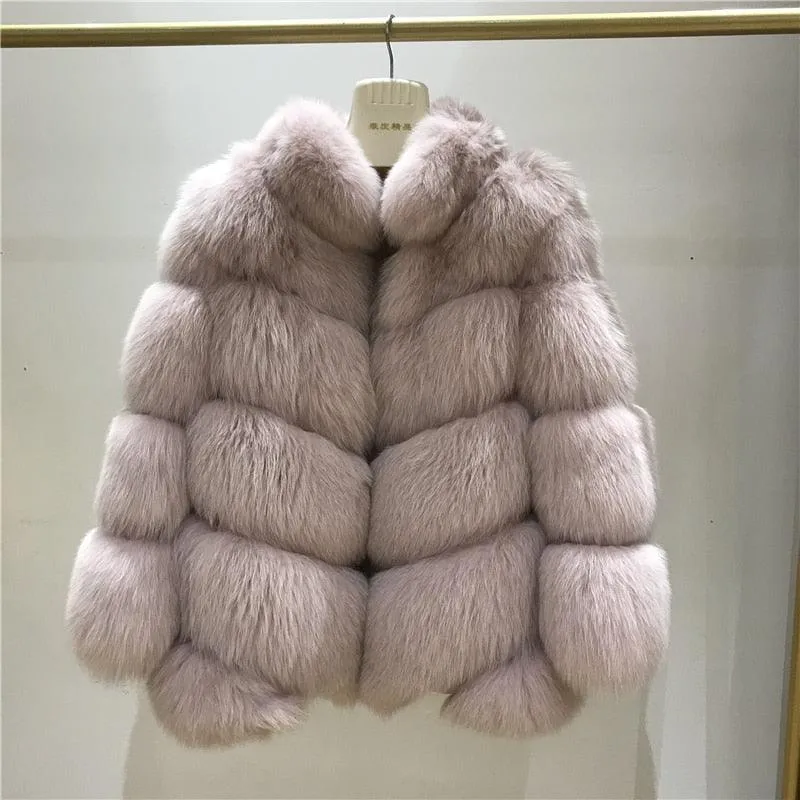 Winter Natural Real Fox Fur Coat For Women with Stand Collar