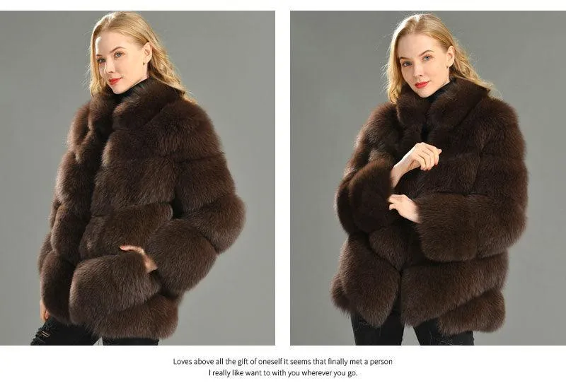 Winter Natural Real Fox Fur Coat For Women with Stand Collar