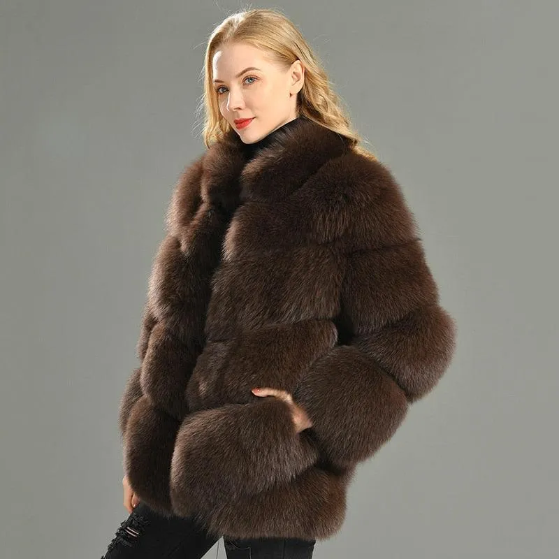 Winter Natural Real Fox Fur Coat For Women with Stand Collar