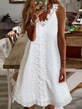 Women's Casual Dress Cotton Linen Dress White Dress Midi Dress Cotton Blend Fashion Modern Outdoor Daily Holiday V Neck Lace Sleeveless Summer Spring 2023 Loose Fit White Plain S M L XL 2XL