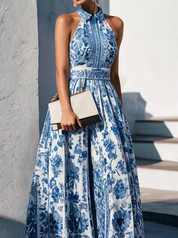 Yeezzi Female Vintage Blue Flower Printed Elegant Formal Evening Dresses 2024 New Summer Sleeveless Lapel Party A-Line Dress