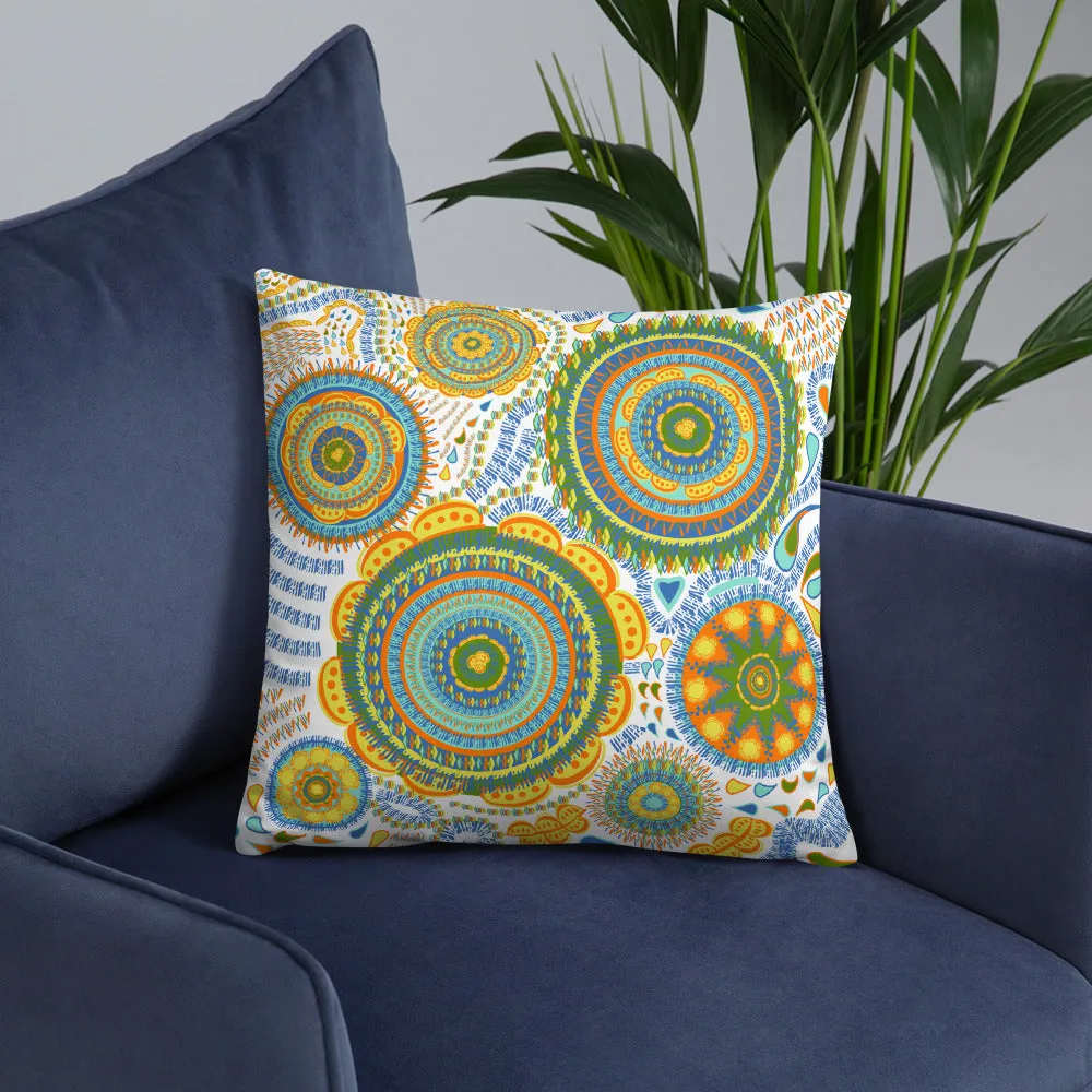 Yellow Mandala Flower Throw Pillow Medallion Blue Orange Green Unique Gifts for Home