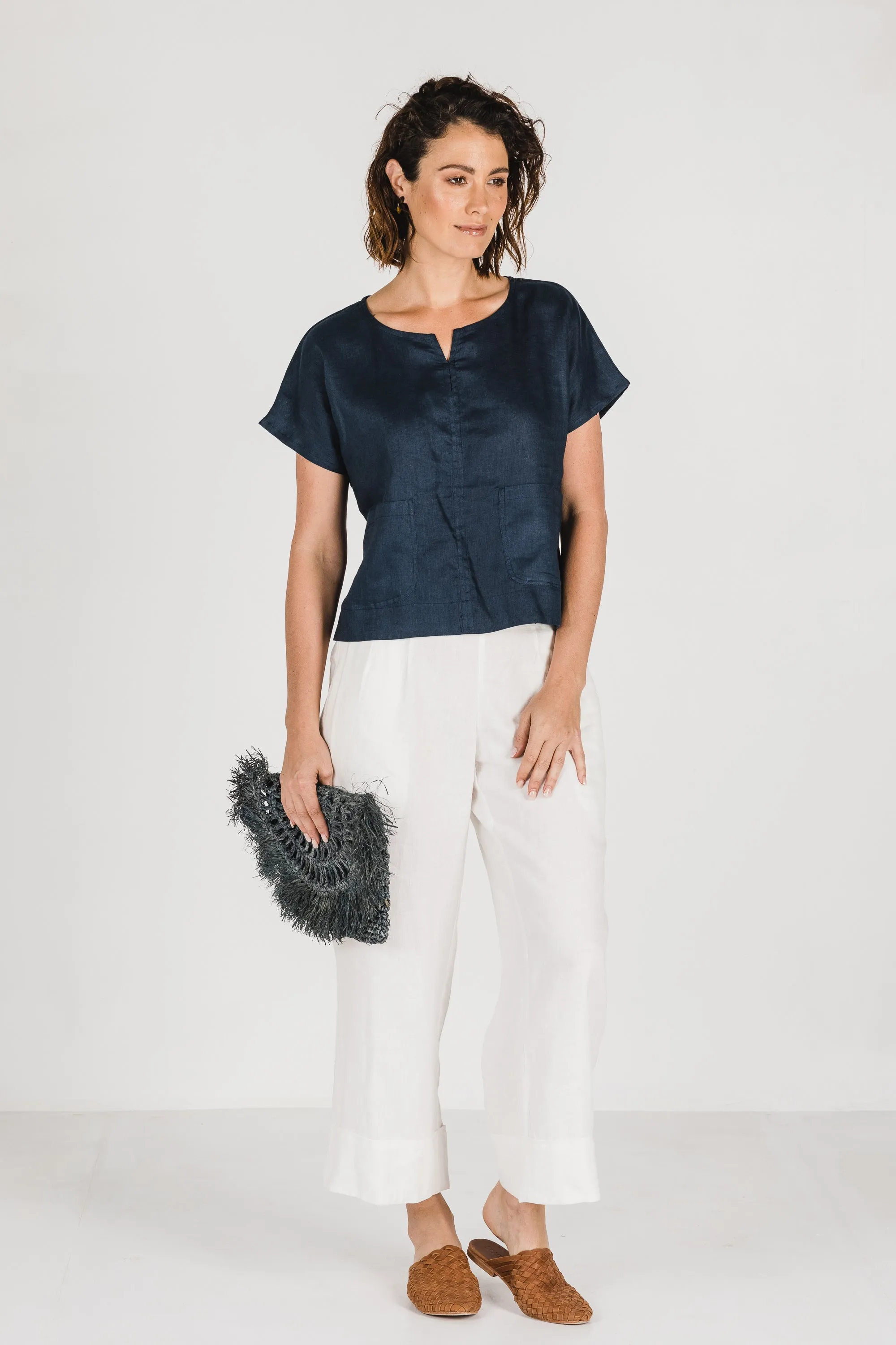 Zoe Linen Top Navy