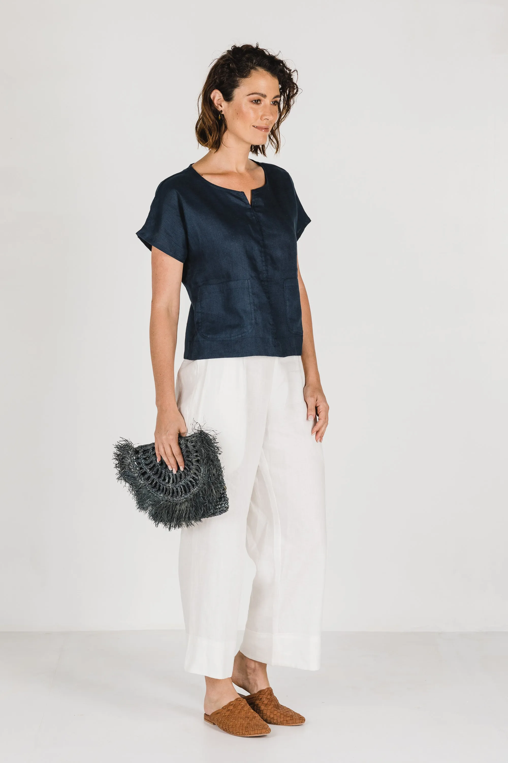 Zoe Linen Top Navy