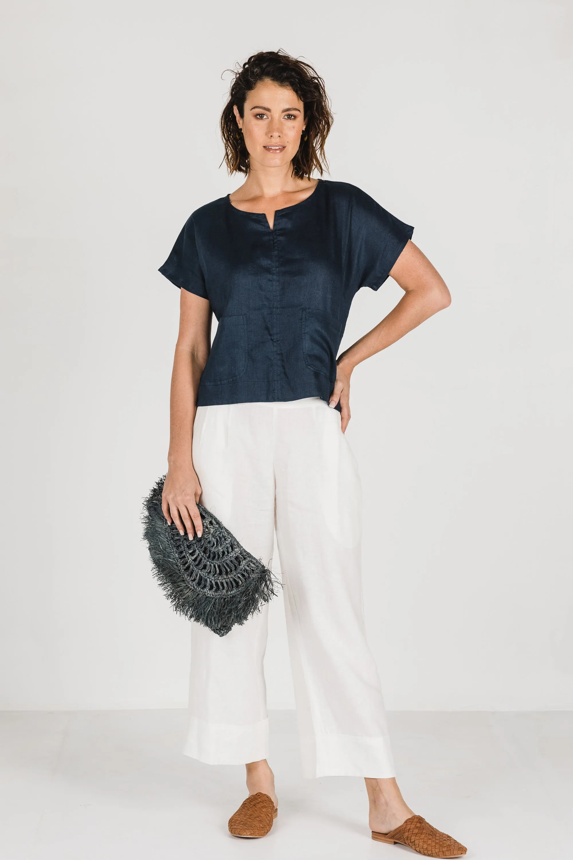 Zoe Linen Top Navy